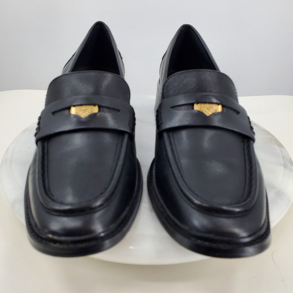 Vince Camuto Erinesa Black Leather Block Heel Penny Loafers Gold Crest Chubky - Picture 10 of 11